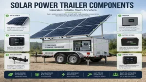 Solar power trailer main components including solar panels, lithium battery storage, and inverter system