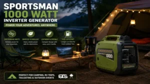 sportsman 1000 watt inverter generator powering camping equipment at an outdoor campsite