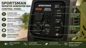 Close-up of sportsman inverter generator 1000 control panel with power outlets and switches