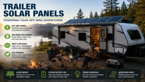 trailer solar panels powering appliances during an off-grid camping trip in a remote location.