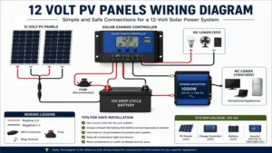 12 volt pv panels wiring diagram showing safe connections for a 12-volt solar system