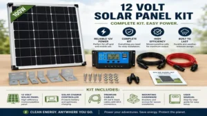12 volt solar panel charging a deep-cycle battery through a solar charge controller.