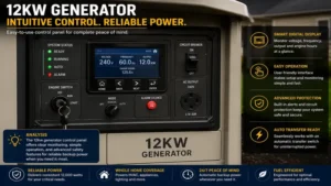 Close-up of the control panel on a 12kw generator for easy operation