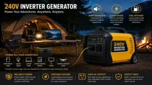 240v inverter generator powering camping equipment and outdoor appliances safely