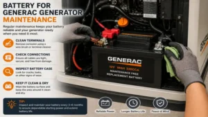 Battery for generac generator maintenance including cleaning battery terminals and inspecting cable connections.