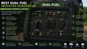 Close-up of the best dual fuel inverter generator control panel with easy-to-use power outlets and switches