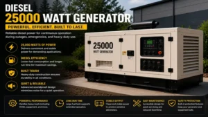 Diesel 25000 watt generator operating efficiently for continuous power during outages
