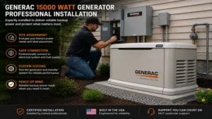 Professional installation of a Generac 15000 watt generator connected to a residential electrical system.