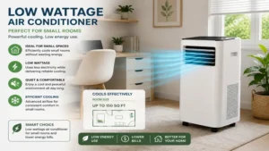 Low wattage air conditioner efficiently cooling a small room with low energy consumption