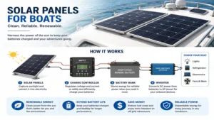 Solar panels for boats connected to a marine battery charging system with charge controller.