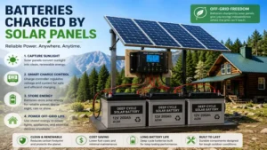 Off-grid batteries charged by solar panels providing reliable backup power