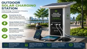 Public solar charging station installed in a park for convenient device charging using solar energy.