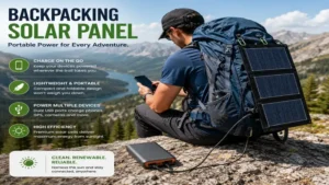 Portable backpacking solar panel charging a power bank while hiking in the mountains