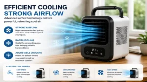 Portable battery air conditioner featuring strong airflow and efficient cooling performance