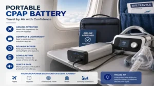 Portable CPAP battery approved for air travel and easy transport during flights.