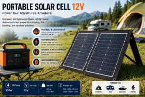 Portable solar cell 12v used for camping, RVs, and outdoor adventures