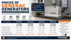 Prices of Generac generators including installation costs, transfer switch, permits, and labor expenses.