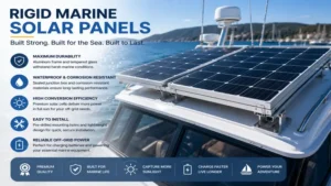 Rigid marine solar panels installed on a boat frame for maximum durability