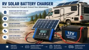 RV solar battery charger maintaining deep cycle battery health with clean renewable solar energy