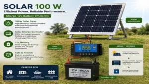 Solar 100 W system charging a 12V battery efficiently