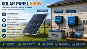 Solar panel 500w connected to an off-grid battery and inverter system.