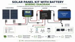 Wiring diagram showing how a solar panel kit with battery is connected safely and efficiently