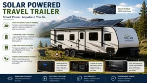 Solar powered travel trailer featuring high-efficiency solar panels and battery storage for off-grid living