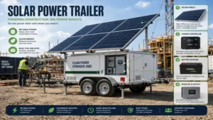 Solar power trailer providing renewable electricity for tools and equipment at a construction site