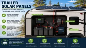 trailer solar panels connected to a battery bank for continuous charging and energy storage.