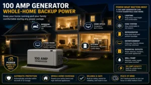 100 amp generator providing whole-home backup power during an emergency