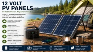 Portable 12 volt pv panels powering camping equipment and rechargeable batteries outdoors