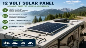 Portable 12 volt solar panel powering camping equipment in an off-grid outdoor setting.