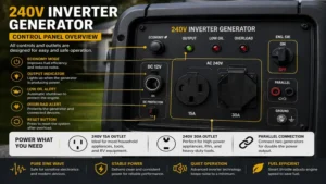 Close-up of a 240v inverter generator control panel showing outlets and operating controls