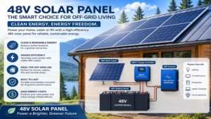 48v solar panel used in an off-grid solar energy setup for homes and cabins
