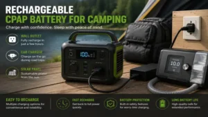 Rechargeable cpap battery for camping being charged before a weekend camping trip.