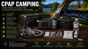 Essential CPAP camping gear arranged for an overnight outdoor adventure
