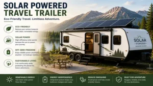 Solar powered travel trailer designed for eco-friendly camping with clean renewable energy