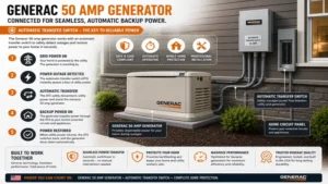Generac 50 amp generator connected to an automatic transfer switch for seamless power backup.