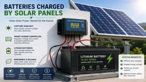 Lithium batteries charged by solar panels with a modern charge controller