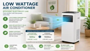 Low wattage air conditioner with efficient electricity use for everyday indoor cooling