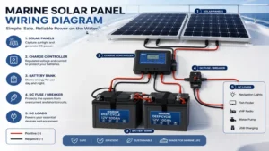 Marine solar panels connected to a charge controller and battery system on a boat