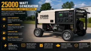 Portable 25000 watt generator with heavy-duty wheels for easy transport and reliable performance
