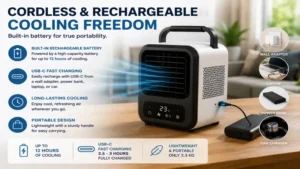 Portable battery air conditioner with rechargeable battery for outdoor use and travel
