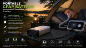 Portable CPAP battery powering a CPAP machine while camping outdoors.