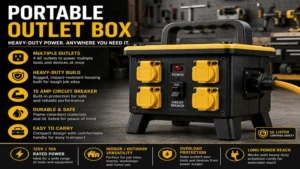 portable outlet box featuring heavy-duty housing for demanding job site applications
