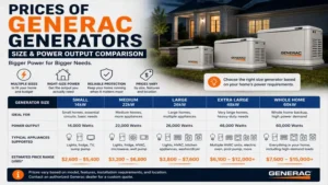 Prices of Generac generators compared by generator size, power output, and home backup capacity.