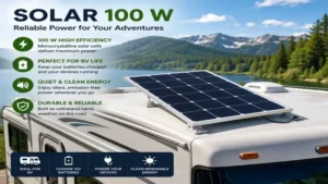 Solar 100 W panel mounted on an RV roof for off-grid power