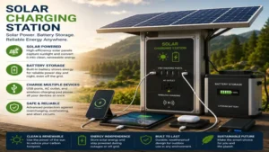 solar charging station connected to a battery storage system for reliable off-grid power.