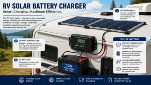 RV solar battery charger connected through a charge controller for safe and efficient battery charging
