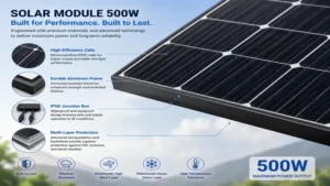 Close-up view of solar module 500w highlighting durable cells and weather-resistant construction